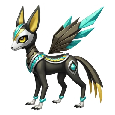Futuristic feral quadrupedal Arrow-patterned chevron-marked Big-eyed anime-styled Colorful Shiny Tribal Skeletal masked armored Meloetta-Silvally-Solgaleo-Raikou-Pokémon-Digimon-Fakémon-fusion-hybrid-creature, full body sticker