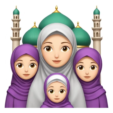 A picture of a mother with several daughters around her, the mother is wearing a veil and they are all in an Iranian Muslim mosque. Cartoon. 3D sticker