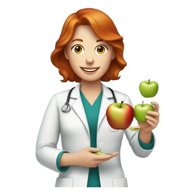 red hair nutritionist using glass with apple sticker
