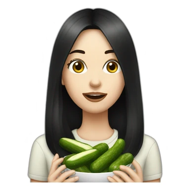 white woman with black long straight hair while eating pickles sticker