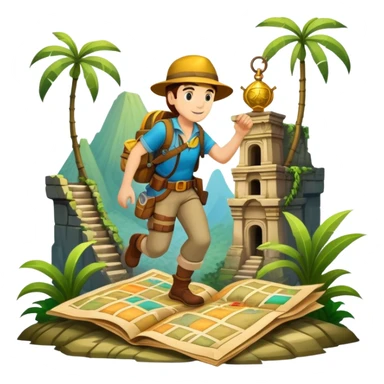 An icon featuring an adventurer in a dynamic action pose, with treasure maps, ancient ruins, and jungle landscapes in the background. The design includes clues, hidden passages, and climbing gear, symbolizing the thrill of exploration and discovery. Transparent background. sticker