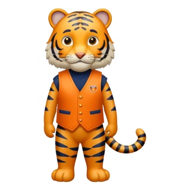 crea un tigre de cuerpo completo, que lleve un chaleco color azul marino y que en el chaleco lleve el nombre (telamon) sticker