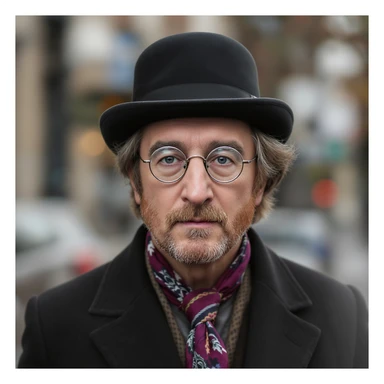 detailed realistic illustration of John Lennon in a bowler hat, photorealistic, soft lighting sticker
