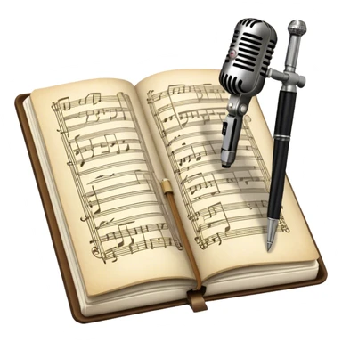 Create an emoji representing songwriting. The design should feature an open notebook or sheet music with visible lyrics between the musical notes, symbolizing the process of writing song lyrics. The text between the notes should be clearly visible. A pen or pencil should be placed near the notebook, indicating active writing. Optionally, include a single vintage microphone lying beside the notebook (not on the music notes) to add a creative touch. Use a harmonious color palette with warm and neutral tones. Do not include any emojis or smiley faces. Make the background transparent. sticker