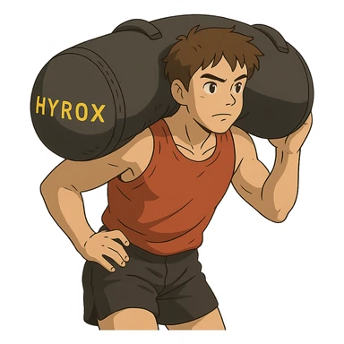 ghibli style athlete carrying a Hyrox sandbag on shoulder sticker