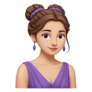 Femme aux longs cheveux bruns relevés en chignon lâche, robe violette fluide inspirée de la Grèce antique, regard en coin et sourire malicieux, style animation Disney sticker
