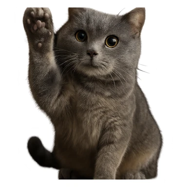Make this British Shorthair cat with a raised paw and sparkling eyes look more realistic, keep the pose and expression, no background, photorealistic style. sticker
