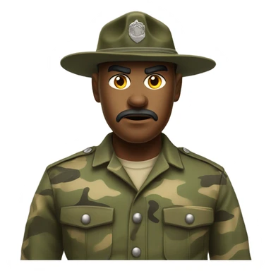 drill sergeant character wearing a classic sergeant hat and a camouflage army shirt. The character should have an angry intense expression. full torso sticker