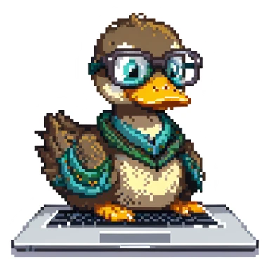 Animated duck wearing glasses, programming Python on a laptop sticker