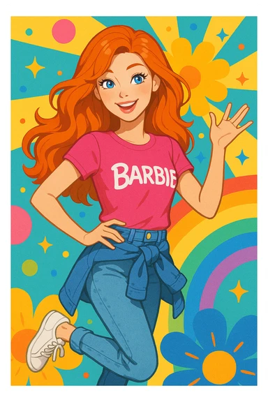 ginger Barbie, casual clothes, playful pose, bright and colorful background sticker