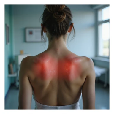 hyperrealistic 4K image of a woman seen from behind with inflamed and swollen shoulder blades, red skin between the shoulder blades, medical environment, variant 2 with slightly changed arm position sticker
