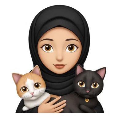 A Arabic woman human with brown eyes and black hijab. , the human is a human, she carry two cat is black and white and the other cath is black and white,,  NO EARS ON THE HUMAN ,  sticker