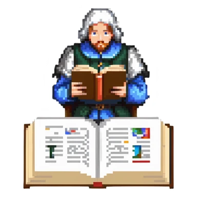 person reading the Canterbury Tales and drinking tea, Geoffrey Chaucer standing behind sticker