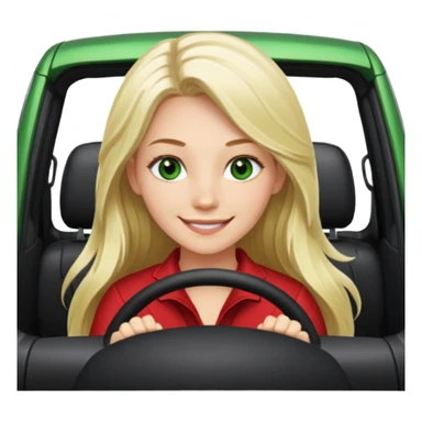 A Sideview of A Smiling Green Eyed, Long Haired Blonde driving a RED NISSAN ROGUE SUV sticker