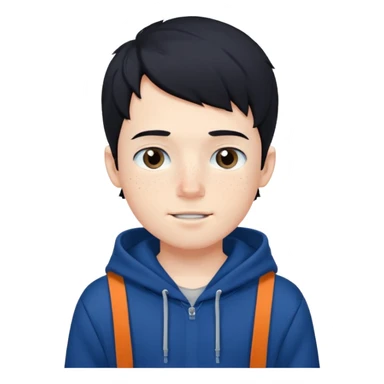 A boy like felix of straykids in his hair, he has the color hair black, he has freckles, his skin is white, he has a brackets, he wears a blue dark hoodie sticker