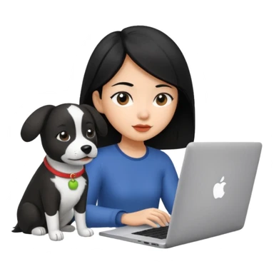 Asian girl with black hair working on an Apple laptop, next to her is a black and white dog sticker