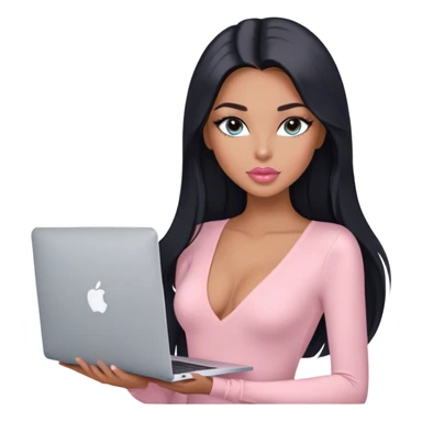 Glamours, tanned, very beautiful girl, with big pump peach-beige-rose lips, long lashes, black straight smooth silky long hair, straight parting hair, blue-grey eyes, in light-pink v-neck bodysuit holding MacBook sticker