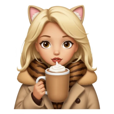 Tanned Girl with lashes , blonde hair, in an extremely big fluffy oversized coat and hold hot chocolate drink and big cat eyes, big lip sticker