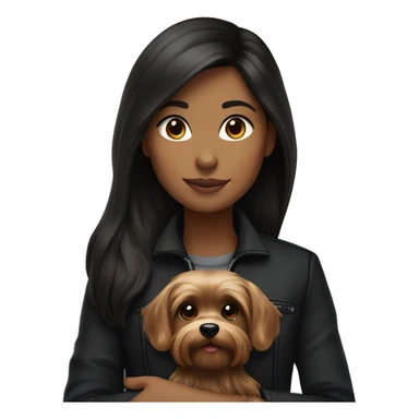 a slightly dark-skinned brunette girl with long hair in a black jacket, in her arms she holds a Yorkshire terrier puppy sticker