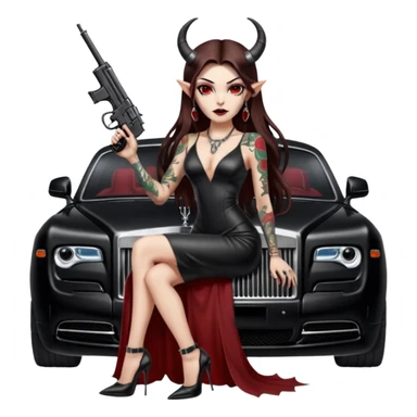 Lilith model red eye sexy black  devil horns.  long brown haired sexy succubus woman with leather long dress slit, sitting on rolls Royce. Wearing Black Platform high heels on feet. Tattoo sleeve arms, she has stacks of cash and a man dead human skull is on top of stack of cash and a gun in  hand sticker