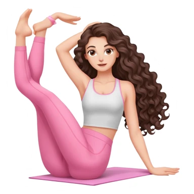beautiful brunette with a light balayage white girl with nice defined and long curls , very long hair, clean girl makeup STRETCHING IN LIGHT PINK GYM sticker