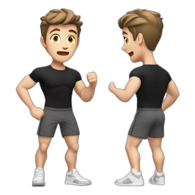 amazed Open with surprise mouth Pale skinned Fit Man With the biceps and dark brown hair in black shirt, gray sports shorts and white Sneakers sticker