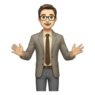 To belt Actively gesturing with hands Pale skinned fit man teacher with dark brown hair in gray jacket, beige office shirt, brown tie, brown pants and vintage glasses. sticker