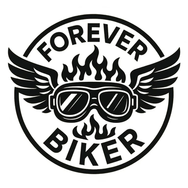 circular transparent background design for motorcycle cap, text 'FOREVER BIKER', motif: motorcycle goggles, wing, flame, modern style sticker