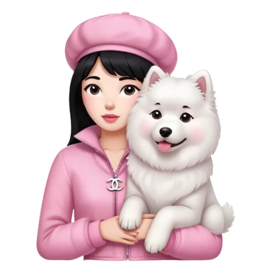 Black-haired girl in pink Chanel-style outfit with white Samoyed dog sticker