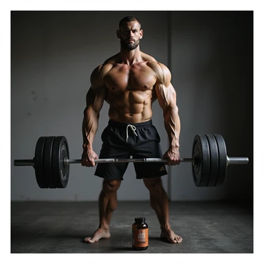 realistic muscular athlete doing deadlifts, dosage chart and bottle of AAS near feet, serious and thoughtful look, isolated on white background sticker