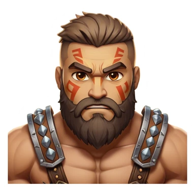 Clash of Clans aesthetic: Cinematic Rugged Barbarian Portrait Emoji, Intense and formidable with a heavily muscled physique, a rugged beard, piercing eyes, and battle-worn armor adorned with tribal markings, his expression fierce and resolute, Simplified yet powerfully detailed features, highly detailed, glowing with a deep, primal energy, high shine, gritty and uncompromising, stylized with an air of raw, untamed power, focused and determined, soft glowing outline, capturing the essence of a barbarian warrior carved by countless battles and poised to lead his clan into epic conflict! sticker