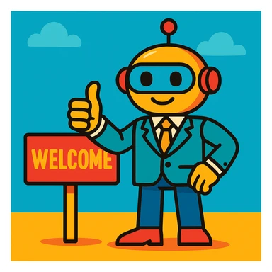 a cartoon recruiter robot giving a thumbs up, business casual, standing by a welcome sign, bright colors, cartoon style sticker