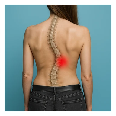 Hyperrealistic style, woman seen from behind with scoliosis, curved spine highlighted, red spot on the dorsal section, light blue background, realistic anatomical details, 4K quality. Variant 2. sticker