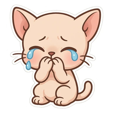 A bald kitten with no hair on its head. The kitten is crying with its paws covering its mouth. sticker