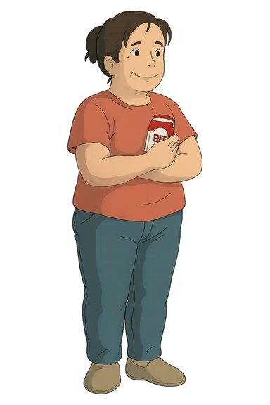 A full body of a middle aged woman wearing jeans and a t.shirt holding a packet of cigarettes close to his body sticker