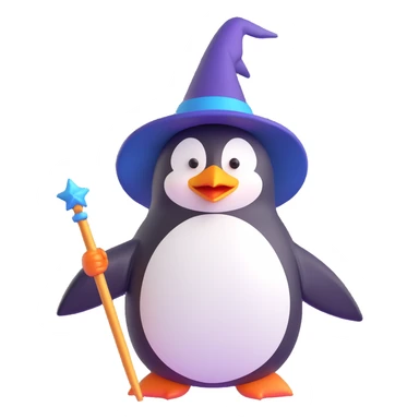 A three-dimensional playful penguin wizard with a pointy hat and a wand sticker