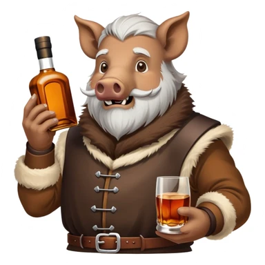 Wild boar crusader with white beard and bottle of whisky sticker