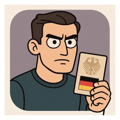serious cartoon character in modern style, holding an official document or passport, with German flag colors and subtle integration motifs, app icon look sticker