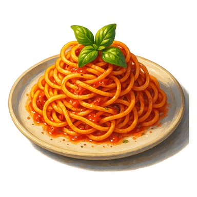 В слега рисованном, но при этом ярком и объемном стиле сгенерируй картинку сочной итальянской пасты, профессионально выставленный свет, который подчеркивает объем, прозрачный фон sticker