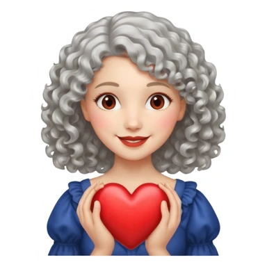 silvery curly/wavy shoulder-length hair smiling lady holding a heart sticker