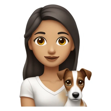 Girl with long dark brown hair and big hazel doe eyes with long eyelashes holding a jack russell terrier  sticker
