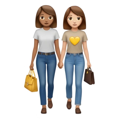 based on emoji style, two people walking together. one is brown-haired woman, wearing business casual,  Another one is a non-binary person, wearing t shirt and jeans, and the second person doesn't have anything on their hands. sticker