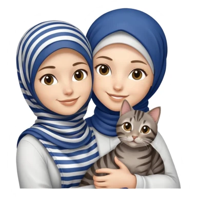 White girl wearing dark blue hijab with white shirt smiling while holding a black grey brown stripes tabby cat sticker