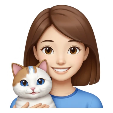 brown-haired Asian girl with her blue and white Manchikon cat, both smiling sticker