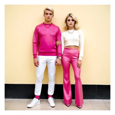 Una pareja de novios van tomados de la mano ella es rubia de ojos carmelitas piel blanca vestido rosado y tacones el muchacho es de piel morena ojos negros un pullover blanco pantalón de mezclilla y tenis blancos el fondo es una iglesia  sticker
