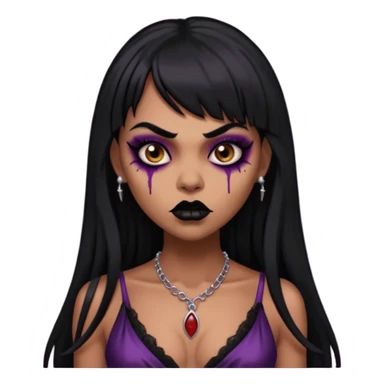 vampira gótica parda zumbi de cabelo longo e preto e franja e roupa com decote e batom preto e sobrancelha grossa sticker