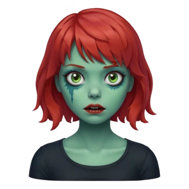 Zombie girl emoji with short red hair and bangs. Blue eyes, green skin, and a black top Her hair is slightly wavy sticker