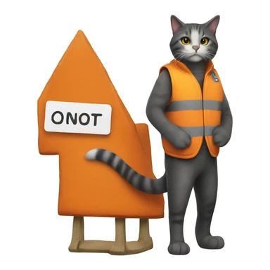 cat with a sign and an orange vest sticker
