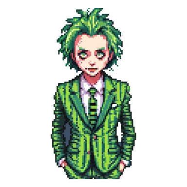 Beetlejuice character, pixel art, green messy hair, striped suit, quirky expression sticker