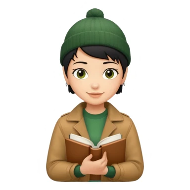 tan skin, non binary person with pixie cut black hair, wearing brown jacket and dark green beanie, shy smile , holding up  book  sticker
